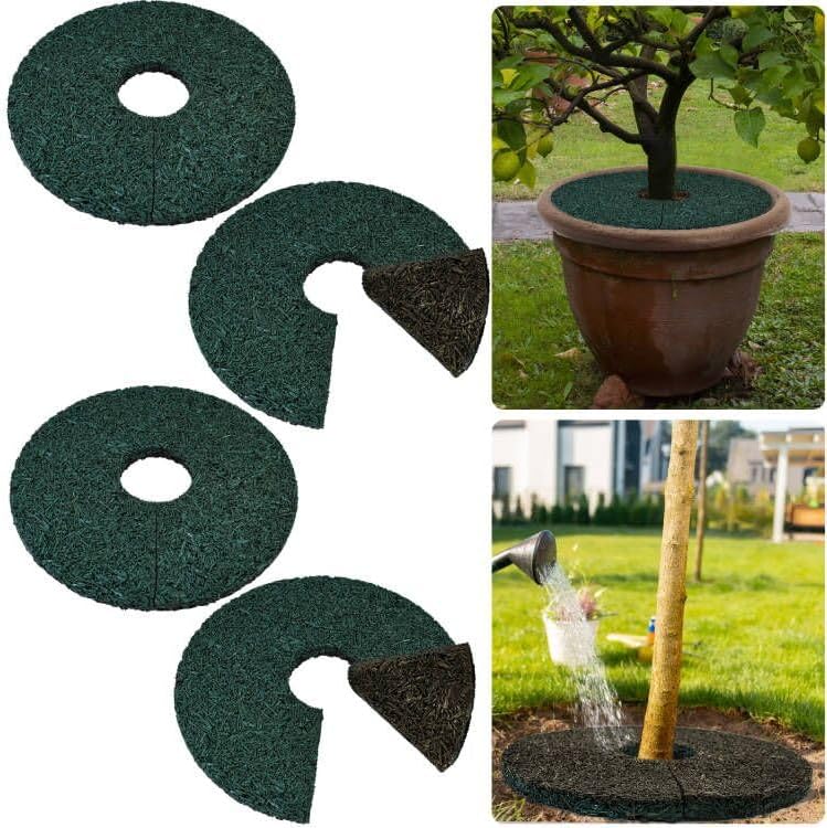 Waybas 4pcs Double Side Rubber Tree Mulch Ring, 12In Heavy Duty Recycled Rubber Mulch Mat Natural Look Tree Root Protector Mat Reversible Round Tree Ring for Prevent Animal Dig, (Green Brown) - Image 1